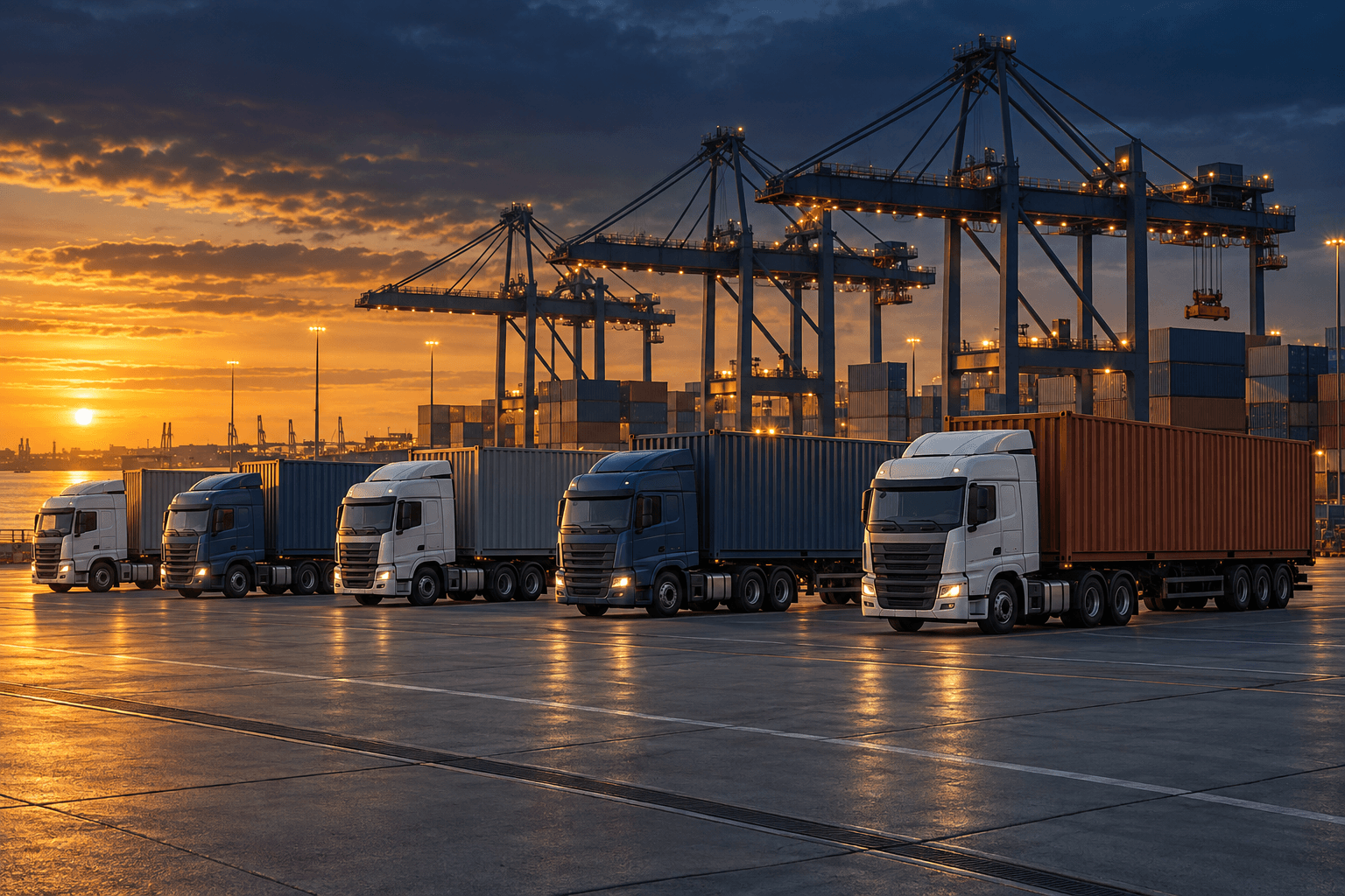 AI-generated illustration of container trucks and cranes at a port